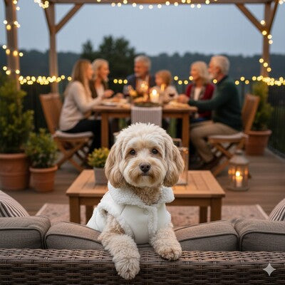 manteaux petits chiens blanc soiree famille terrasse elegant confortable premium