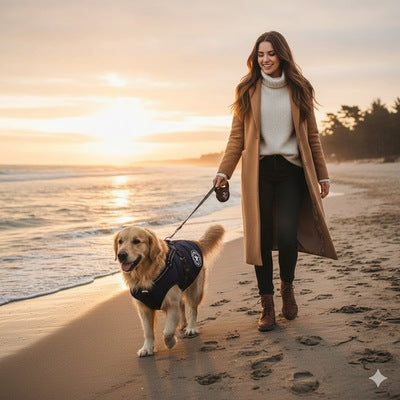 manteaux pour chien noir golden retriever promenade plage coucher soleil hiver