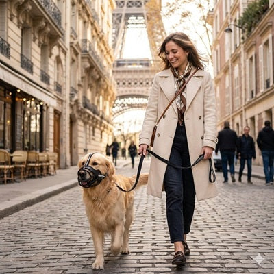museliere anti aboiement golden retriever ville paris promenade urbaine elegante