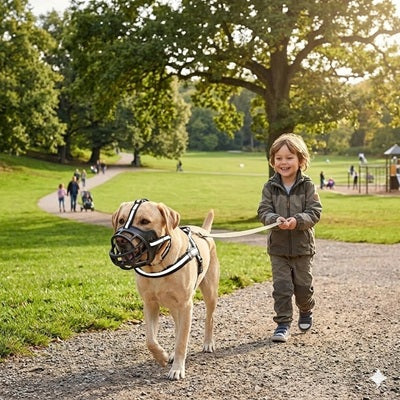 museliere anti aboiement labrador enfant parc promenade securite famille exterieur
