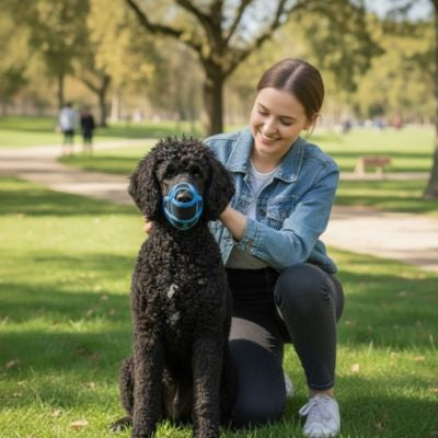 museliere bleu caniche noir femme proprietaire parc confortable