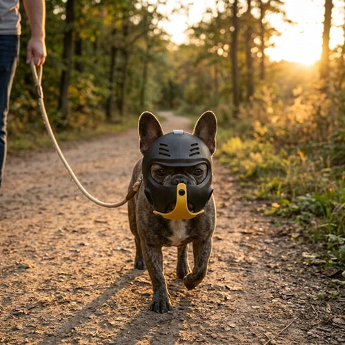 Muselière bouledogue français noir jaune forêt coucher soleil laisse