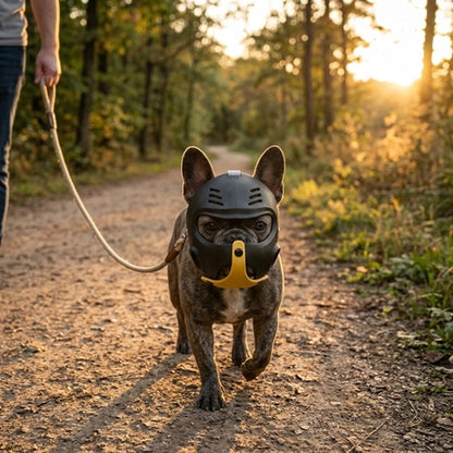 Muselière bouledogue français noir jaune forêt coucher soleil laisse