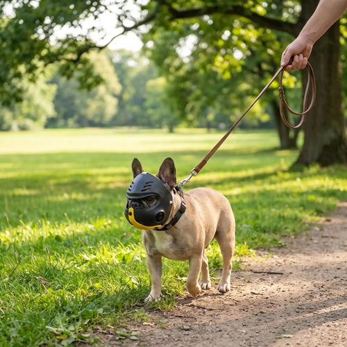Muselière bouledogue français noir jaune parc laisse promenade soleil