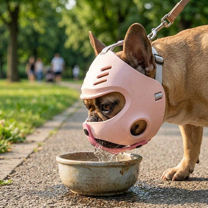 Muselière bouledogue français rose boire eau parc promenade sécurité