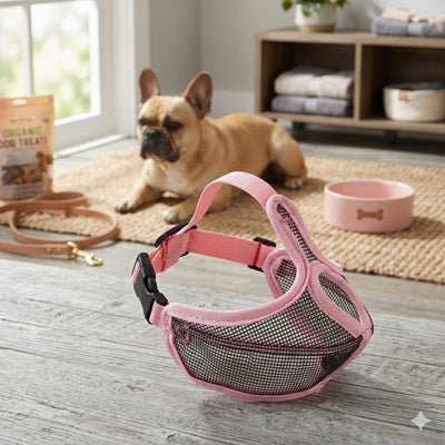 museliere bouledogue francais rose interieur maison respirante confortable museau plat ajustable securite