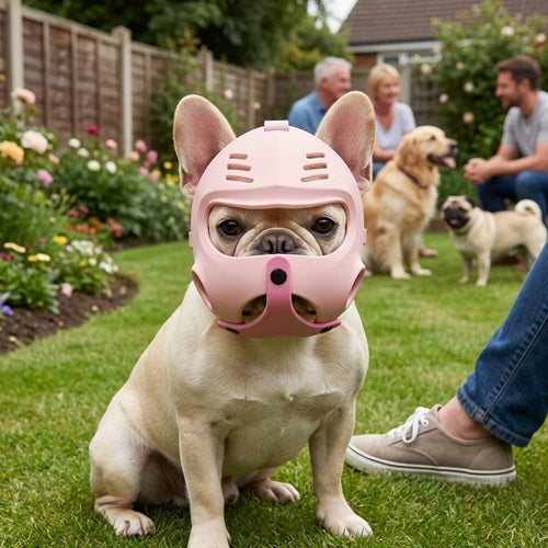 Muselière bouledogue français rose jardin famille chien assis pelouse