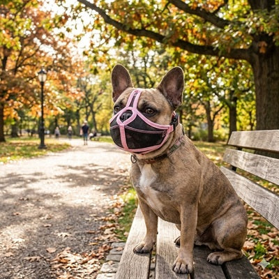 museliere bouledogue francais rose parc automne banc confortable respirante promenade exterieur
