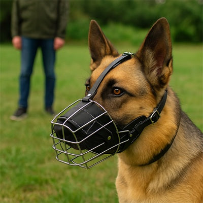 museliere cage berger allemand cuir noir metal securite dressage professionnel