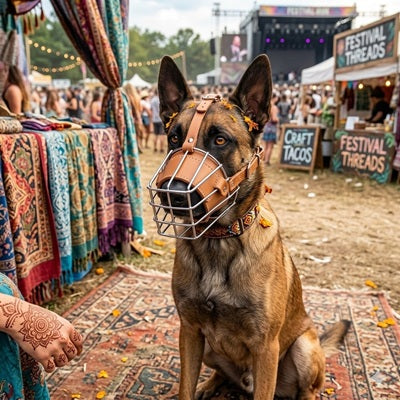 museliere cage berger malinois festival cuir marron metal foule evenement