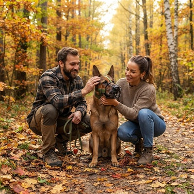 Muselière cage chien Berger allemand couple automne forêt laisse
