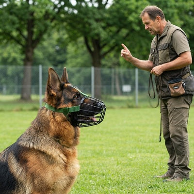 Muselière cage chien Berger allemand dressage éducateur canin parc vert