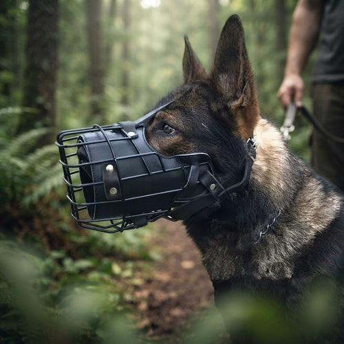 Muselière cage chien Berger allemand en balade en forêt gros plan