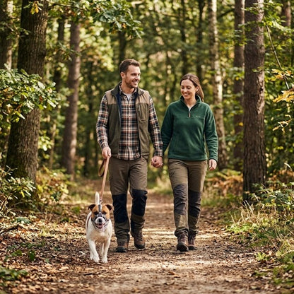 Muselière cage chien couple forêt balade laisse Jack Russell