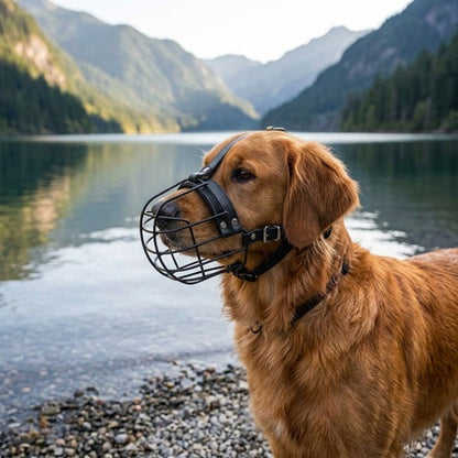 Muselière cage chien Golden Retriever lac montagne métal