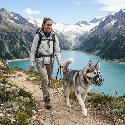 Muselière cage chien Husky randonnée montagne lac laisse
