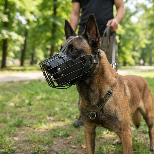 Muselière cage chien Malinois avec harnais en promenade au parc