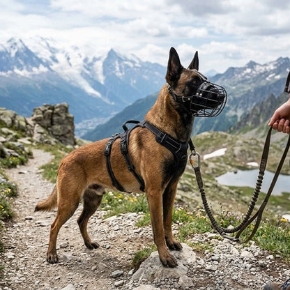 Muselière cage chien Malinois harnais montagne laisse tactique