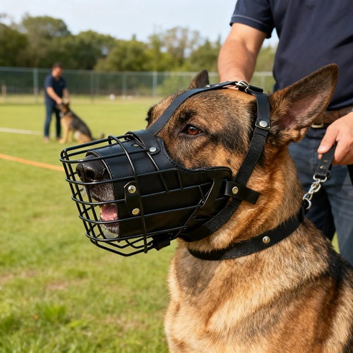 Muselière cage chien Malinois sur terrain de dressage canin