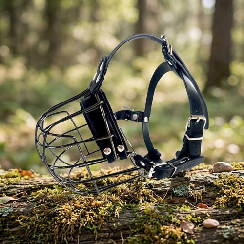 Muselière cage chien métal noir cuir réglable forêt nature