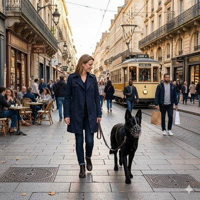 museliere cage chien noir ville promenade urbaine securite confort elegant