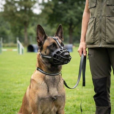 Muselière cage Malinois dressage chien laisse maître