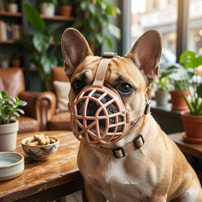 muselière cage plastique beige Bouledogue Français intérieur confortable respirante sécurisée ajustable maison
