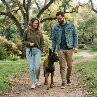 Muselière cage pour Berger Malinois couple promenade nature laisse