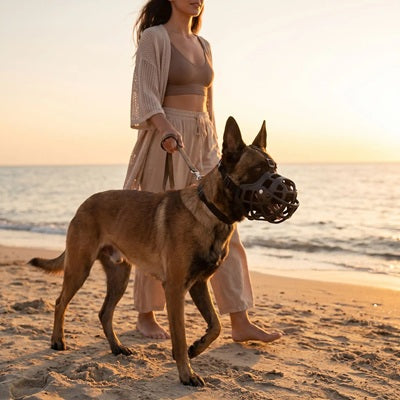 Muselière cage pour Berger Malinois plage coucher de soleil femme