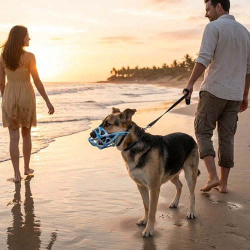 muselière chien anti-morsure bleue berger allemand promenade plage coucher de soleil