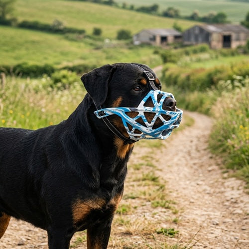 campagne
Muselière chien anti-morsure bleue camouflage Rottweiler chemin campagne