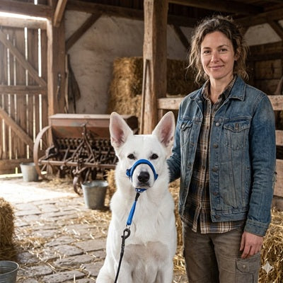 museliere chien bleu berger blanc ferme proprietaire confiance