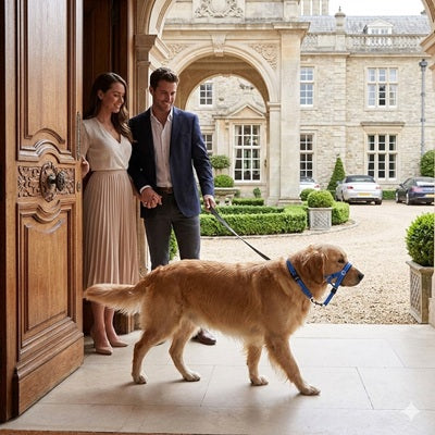museliere chien bleu golden retriever luxe chateau couple elegant