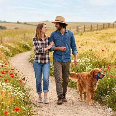 museliere chien bleu promenade campagne golden retriever couple