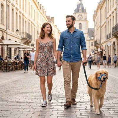 museliere chien bleu promenade ville golden retriever couple urbain