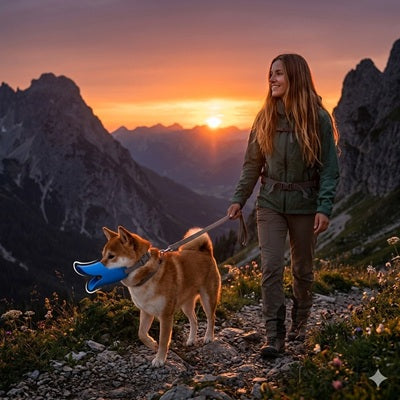 museliere chien canard bleu shiba inu randonnee montagne coucher soleil aventure