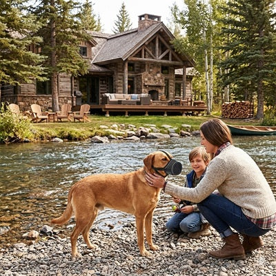 museliere chien exterieur famille lac aventure nature