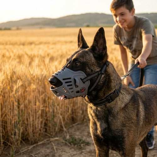 Muselière chien Malinois grise promenade laisse champ de blé