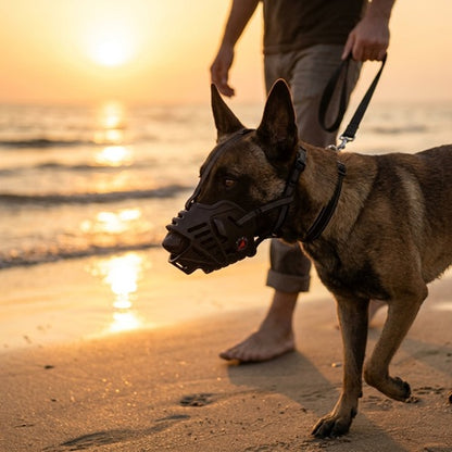 Muselière chien Malinois noire promenade plage coucher de soleil