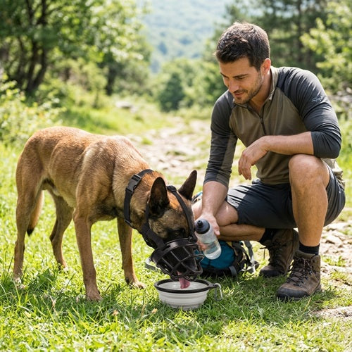 Muselière chien Malinois panier noir pause eau en randonnée