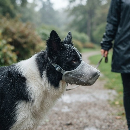 Muselière grillagée grise Border Collie promenade sous la pluie