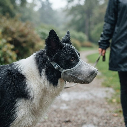 Muselière grillagée grise Border Collie promenade sous la pluie