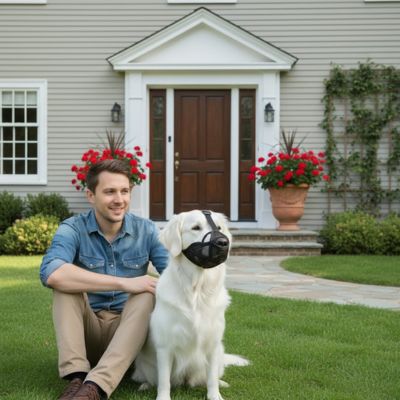 museliere noir labrador blanc proprietaire maison jardin confortable