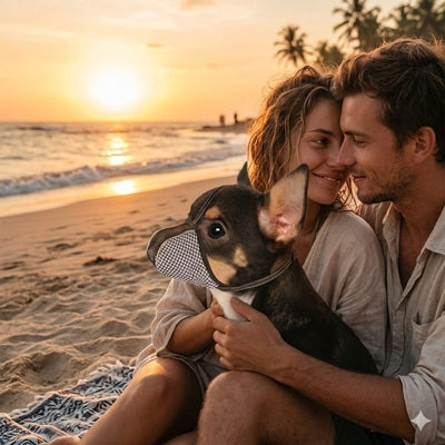 museliere petit chien plage vacances chihuahua coucher soleil respirante voyage