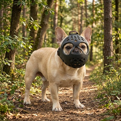 Muselière pour Bouledogue français noire, forêt, sentier, nature, sécurité