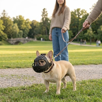 Muselière pour Bouledogue français noire, laisse, maîtresse, parc, promenade