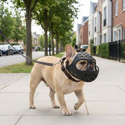 Muselière pour Bouledogue français noire, laisse, promenade, ville, trottoir