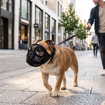 muselière pour bouledogue noire promenade en laisse en ville
