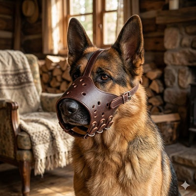 museliere pour chien berger allemand cuir marron interieur maison confortable