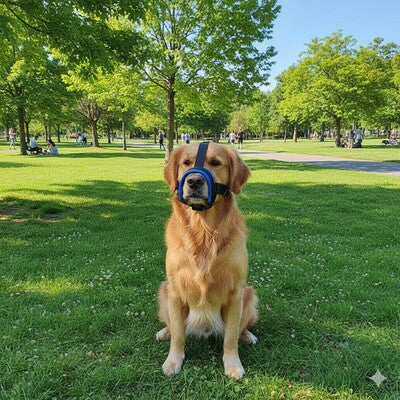 museliere pour chien bleue golden retriever parc exterieur confortable respirante securite premium